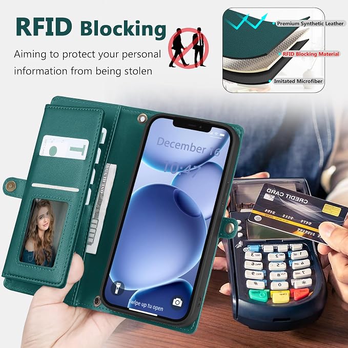 Wallet Case for iPhone 12 Pro Max with Card Holder/Crossbody Wallet/Strap| RFID Blocking | Magnetic | Kickstand | Detachable | PU Leather Phone Case for iPhone 12 Pro Max,6.7 in,Green