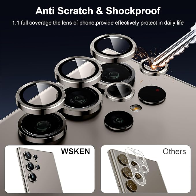 WSKEN for Samsung Galaxy S24 Ultra Camera Lens Protector, Ultra Thin Scratch Resistant 9H Tempered Glass with Aluminum Metal Circle Camera Screen Protector Cover Accessories, Gray