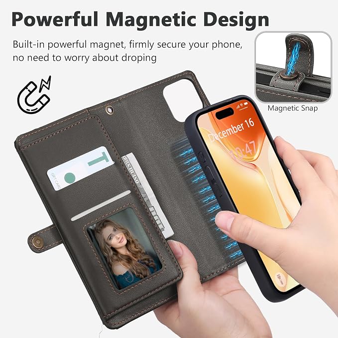 Wallet Case for iPhone 15 with Card Holder/Crossbody Wallet/Strap| RFID Blocking | Magnetic | Kickstand | Detachable | PU Leather Phone Case for iPhone 15,6.1 in,Black