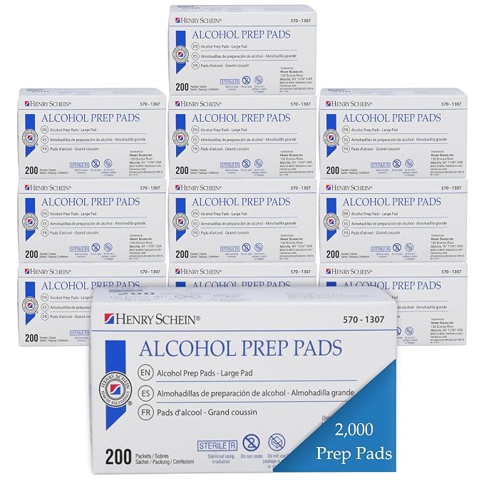 Henry Schein Large Alcohol Prep Pads (10 Boxes, 2,000 Total) – 70% Isopropyl Alcohol Wipes, Individually Wrapped – 2-Ply, Textured – Skin Prep Alcohol Swabs – Sterile Pads