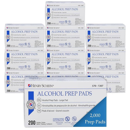Henry Schein Large Alcohol Prep Pads (10 Boxes, 2,000 Total) – 70% Isopropyl Alcohol Wipes, Individually Wrapped – 2-Ply, Textured – Skin Prep Alcohol Swabs – Sterile Pads