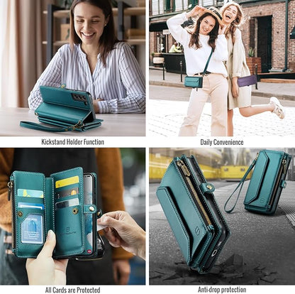 Strapurs Crossbody Wallet Case Compatible with Samsung Galaxy S22 5G RFID Blocking Card Holder Soft PU Leather Magnetic Snap Shoulder Strap Zipper Pocket Phone Case Fit for Galaxy S22 6.1" - BlueGreen
