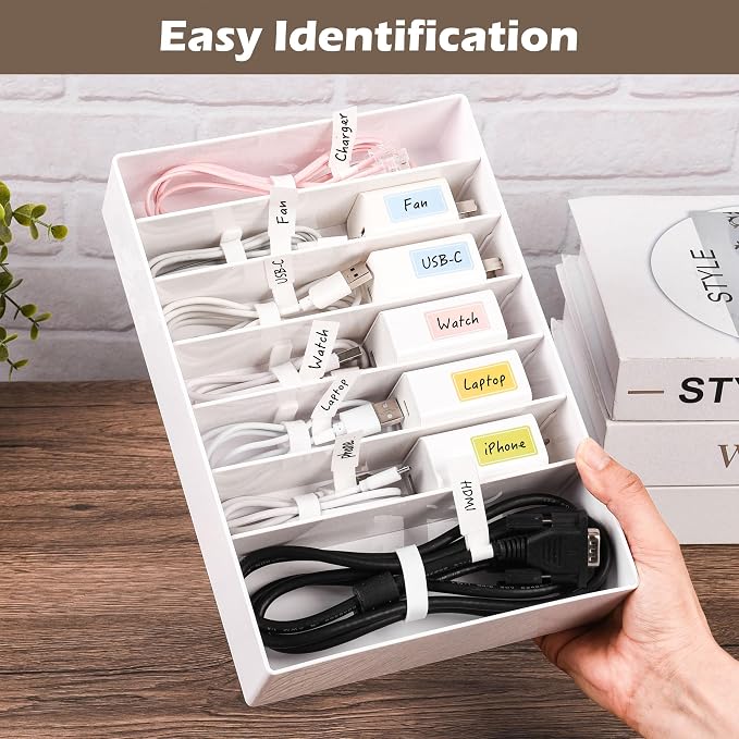 Cable Organizer Box with Wire Ties and Labels, Charger Cable Cord Storage Organizer with Adjustable Compartments, Desk Accessories Storage for Home, Office, Stackable（1Pcs）