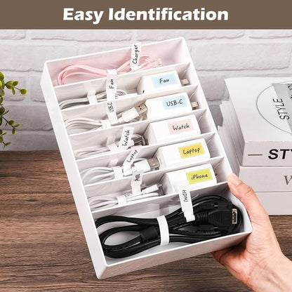Cable Organizer Box with Wire Ties and Labels, Charger Cable Cord Storage Organizer with Adjustable Compartments, Desk Accessories Storage for Home, Office, Stackable（1Pcs）