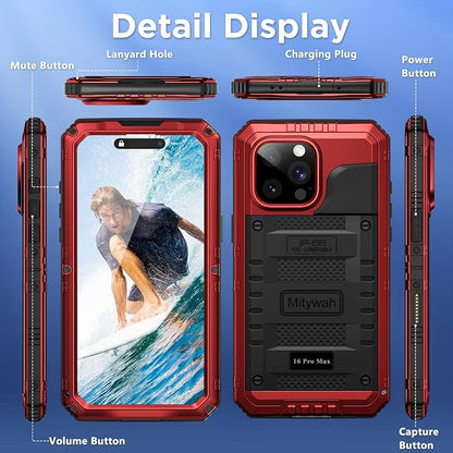 Mitywah Waterproof Case for iPhone 16 Pro Max, Heavy Duty Metal Cover with Built-in Screen Protector, Military Grade Full Body Shockproof Rugged Protective Phone Case 6.9 inch, Red