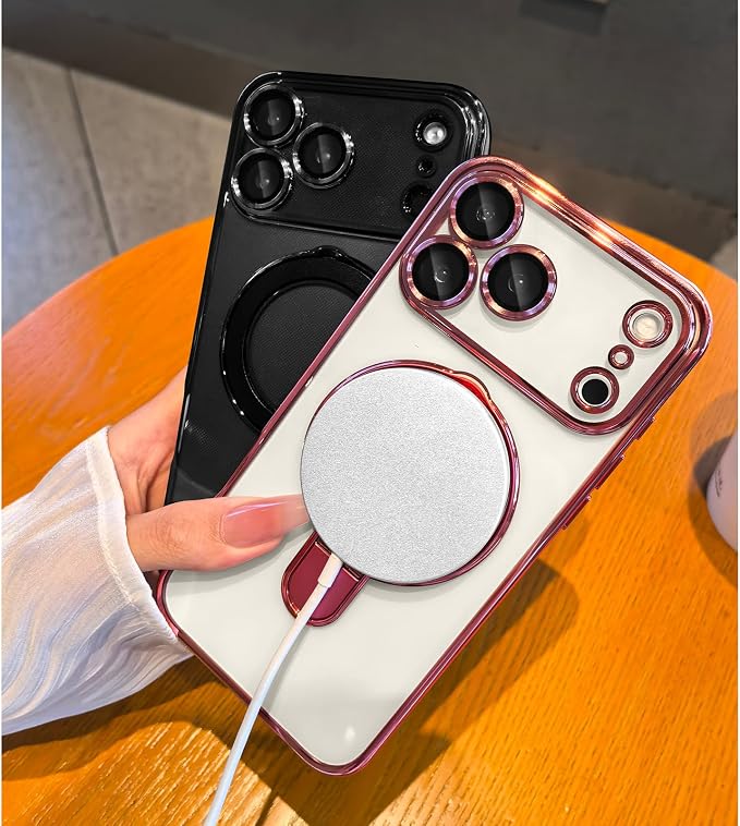 LXK Magnetic Invisible Stand for iPhone 17 Case 6.3" Compatible with MagSafe, Military-Grade Protection, with Camera Protector, Clear Scratch-Resistant Back Cover for iPhone 17 - Pink