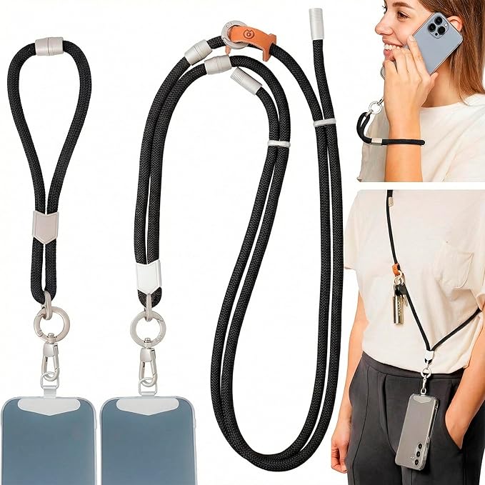 Pulpo 2 in 1 Anti Theft Phone Lanyard and Wrist Strap for iPhone and Android, Adjustable Cell Phone Leash and Universal Tether, Hands Free Strap for Travel Running and Everyday Use, Black