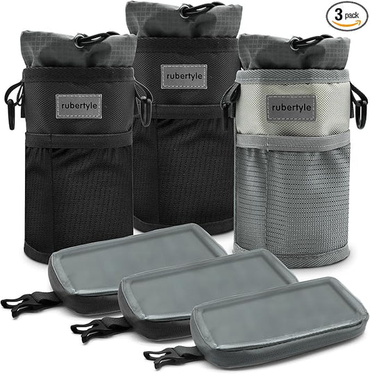 Bike Handlebar Water Bottle Holder, Fits Cups Diameter Less Than 3.6in/9cm, No-Screw Installation,Insulated, with Adjustable Fasteners, Shoulder Strap and Phone Storage Bag (3, 2Black+1Gray)