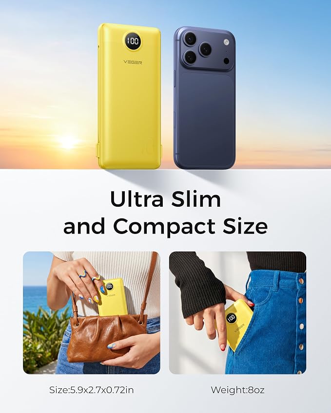 VEGER Portable Charger with Built-in AC Plug and Cables, All in One 10000mAh Ultra Slim Power Bank Travel Essentials, USB C External Battery Pack Compatible with iPhone, Samsung, More, Yellow