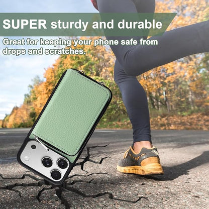XANGNIER Wallet Case for iPhone 17 Pro with Strap, RFID Blocking PU Leather Crossbody Phone Purse with Card Holder, Zipper Pocket, Wrist Strap & Adjustable Lanyard for Women 6.3" 5G,Green