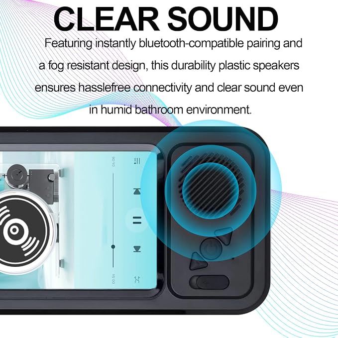 Shower Phones Holder with Speaker, Wall Mount Shower Phone Holder Waterproof, Bathroom Accessories, Waterproof Phone Case, 360° Rotation, Suction Cup Bathroom Case Mount Shelf (Black)