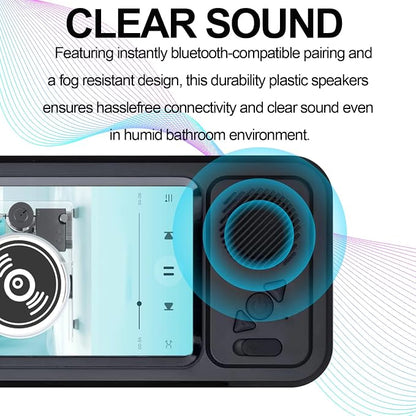 Shower Phones Holder with Speaker, Wall Mount Shower Phone Holder Waterproof, Bathroom Accessories, Waterproof Phone Case, 360° Rotation, Suction Cup Bathroom Case Mount Shelf (Black)
