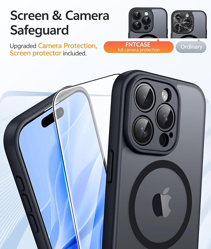 FNTCASE for iPhone 15 Pro Case: [Compatible with Magsafe] Translucent Matte Cases with [Full Camera Protection] [Screen Protector] Military Grade Shockproof Protective Phone Cover -Black