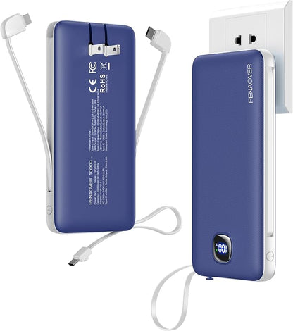 penaover Portable Charger with Built-in Cables&AC Wall Plug,Slim 10000mAh 22.5W Fast Charging Power Bank,5 Output 2 Input USB-C External Battery Pack Compatible with iPhones,Samsung,Android, etc