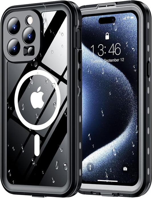 Red2Fire for iPhone 15 Pro Max Case Waterproof, [Built-in Screen Protector & Camera Protector][Compatible with MagSafe][Full Body Shockproof][IP68 Waterproof][Dustproof] Phone Case 6.7" Black/Clear