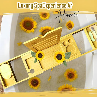 Premium Bathtub Tray with Accessories - Expandable Wooden Bath Tray, Hair Cap, Bath Sponge, Face Mask Brush