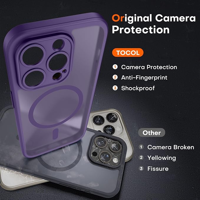 TOCOL for Phone 15 Pro Max Case, Compatible with Magsafe Charger, Full Camera Protection, Drop Protection, Translucent Matte Phone Case for iPhone 15 Pro Max 6.7 inch (Midnight Purple)