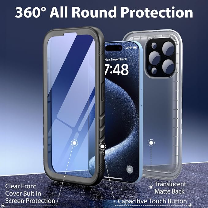 SPORTLINK for iPhone 15 Pro Waterproof Case -[IP68 Underwater][Dustproof][6.6FT Military Shockproof][Full-Body Heavy Duty] 6.1" Phone Case Black/Frosted Clear