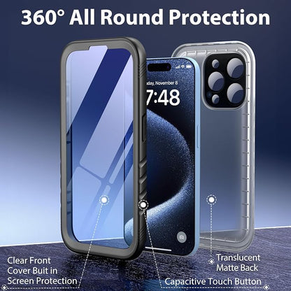 SPORTLINK for iPhone 15 Pro Waterproof Case -[IP68 Underwater][Dustproof][6.6FT Military Shockproof][Full-Body Heavy Duty] 6.1" Phone Case Black/Frosted Clear