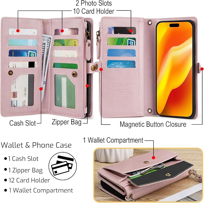 Compatible with iPhone 17 Pro 6.3" Wallet Case with RFID Blocking Card Holder for Women, PU Leather Flip Zipper Wallet Detachable Magnetic Phone Case Crossbody Strap, Pink