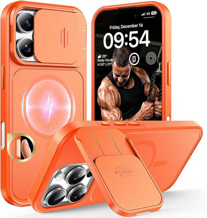 TOCOL for iPhone 16 Pro Max Case with Slide Camera Cover, Kickstand and Camera Control Button, Fit for MagSafe, Rugged Solid Phone Case, Non-Slip, Drop Protection, Orange