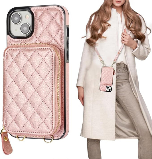 Bocasal Crossbody Wallet Case for iPhone 15 Plus, RFID Blocking PU Leather Zipper Handbag Purse Flip Cover, Kickstand Folio Case with Card Slots Holder Wrist Strap Lanyard 5G 6.7 Inch (Rose Gold)
