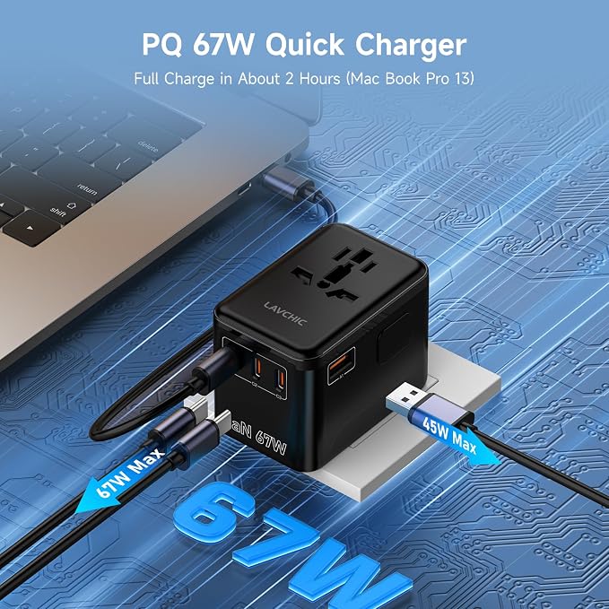 67W GaN Universal Travel Plug Adapter - International Power Adapter with 3 USB C & 1 USB A, Worldwide Power Outlet Travel Essentials for USA to European UK AUS Ireland, Type C/G/I/A (Black)