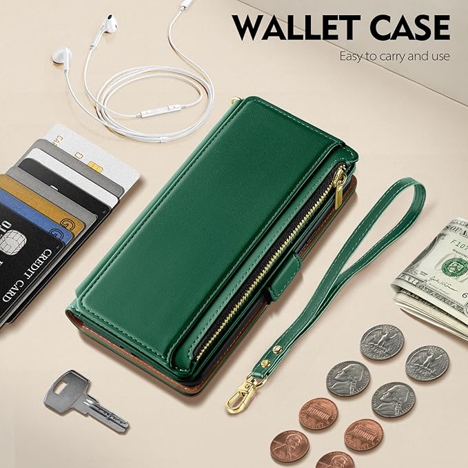Antsturdy Compatible with iPhone 16 Plus Wallet Case,RFID Blocking PU Leather Phone Case Women Men Kickstand flip Cover Wrist Strap Zipper Credit Card Holder Slots for Apple 16 Plus 6.7",Green