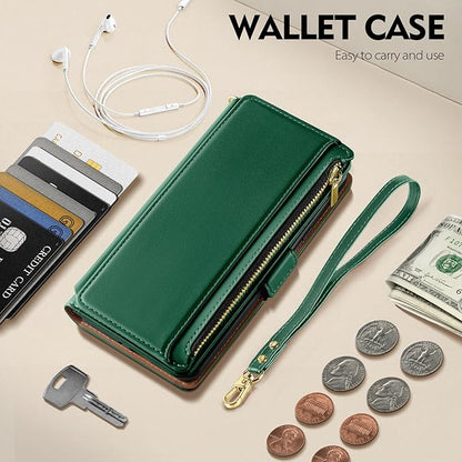 Antsturdy Compatible with iPhone 16 Plus Wallet Case,RFID Blocking PU Leather Phone Case Women Men Kickstand flip Cover Wrist Strap Zipper Credit Card Holder Slots for Apple 16 Plus 6.7",Green