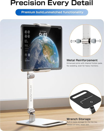 Tablet Stand Holder for iPad, Portable Monitor Stand Holder 15.6'',16'', Aluminum Alloy Foldable Arm Mount with 360° Swivel Desk Mount Compatible with 4.7-16inch Tablet, Cell Phone (White)