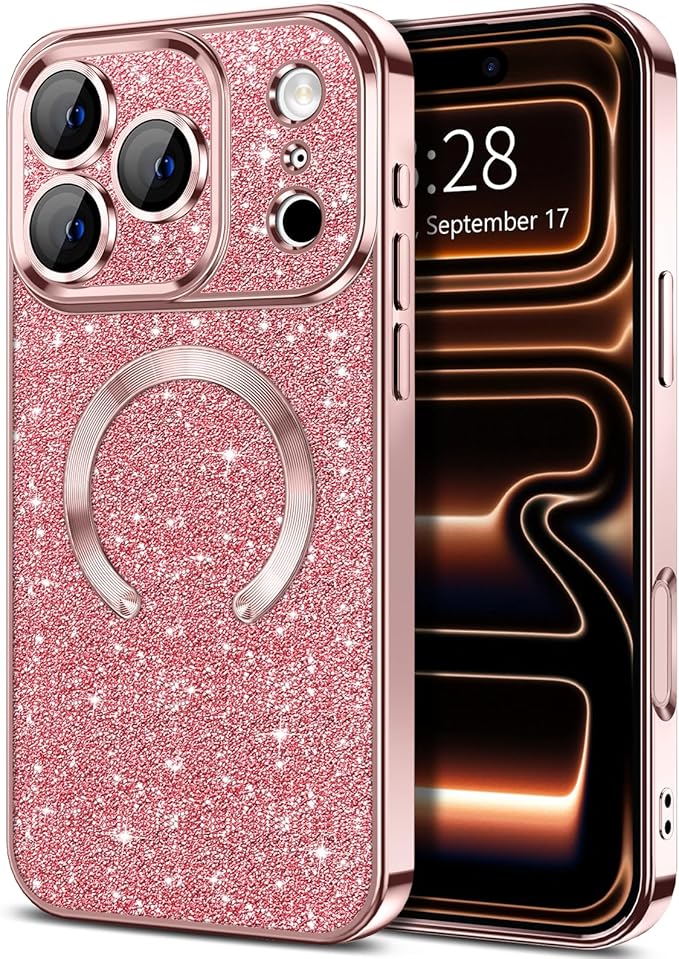 Hython for iPhone 17 Pro Max Case Glitter Clear Magnetic Phone Cases [Compatible with MagSafe] Full Camera Lens Protector Sparkle Luxury Plating Slim Shockproof Protective Cover Women, Pink