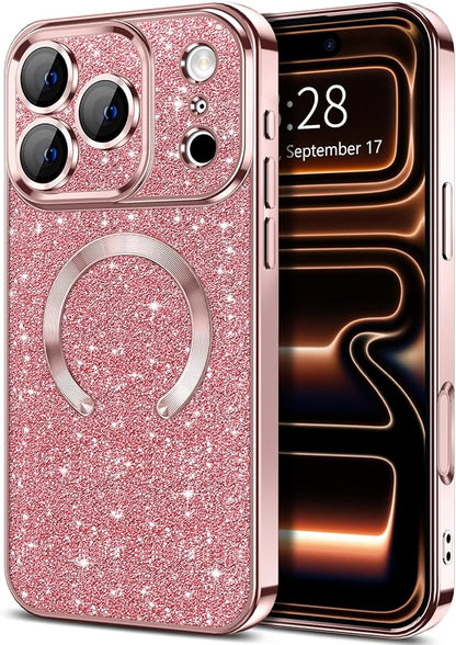 Hython for iPhone 17 Pro Max Case Glitter Clear Magnetic Phone Cases [Compatible with MagSafe] Full Camera Lens Protector Sparkle Luxury Plating Slim Shockproof Protective Cover Women, Pink