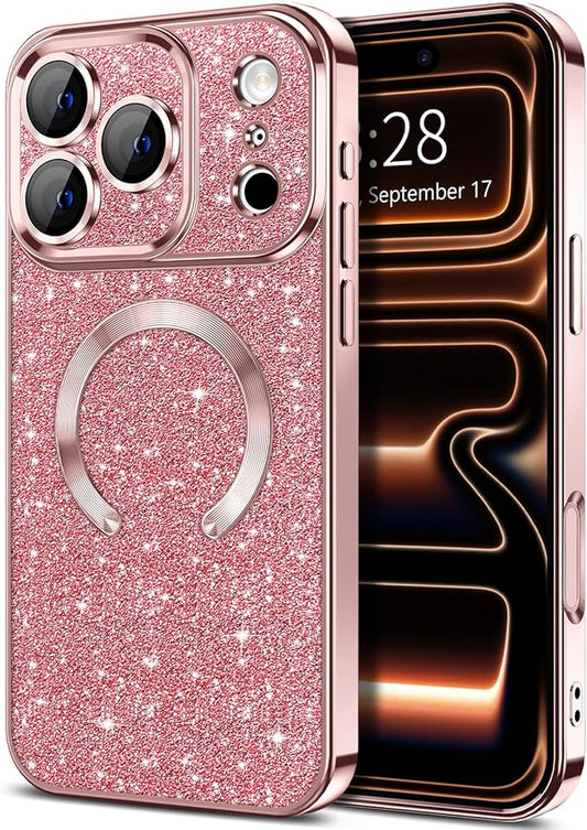 Hython for iPhone 17 Pro Max Case Glitter Clear Magnetic Phone Cases [Compatible with MagSafe] Full Camera Lens Protector Sparkle Luxury Plating Slim Shockproof Protective Cover Women, Pink