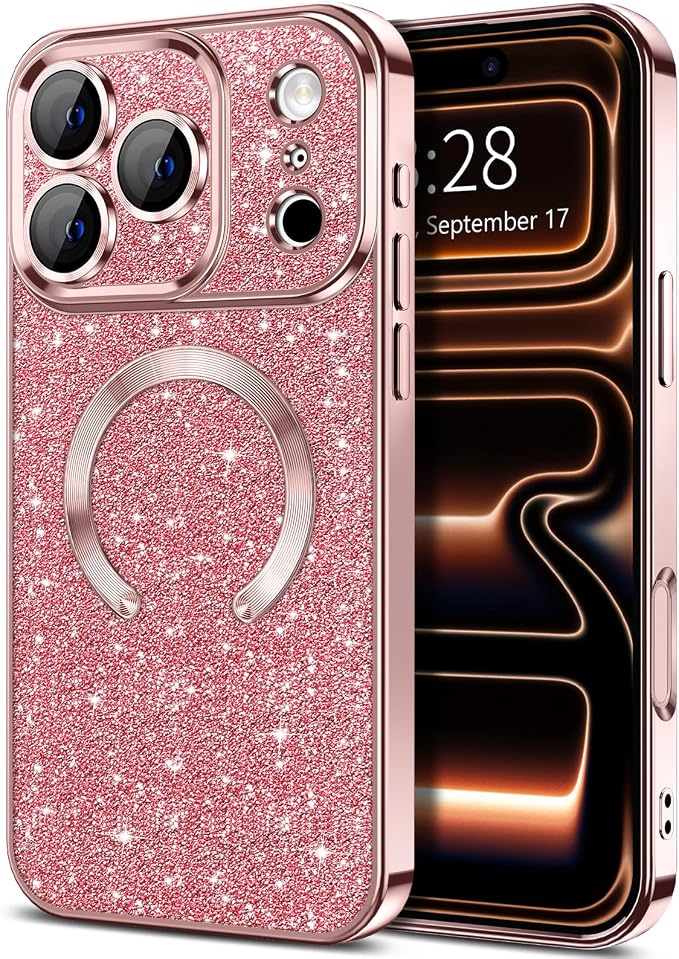 Hython for iPhone 17 Pro Case Glitter Clear Magnetic Phone Cases [Compatible with MagSafe] Full Camera Lens Protector Sparkle Luxury Plating Slim Shockproof Protective Cover Women, Pink