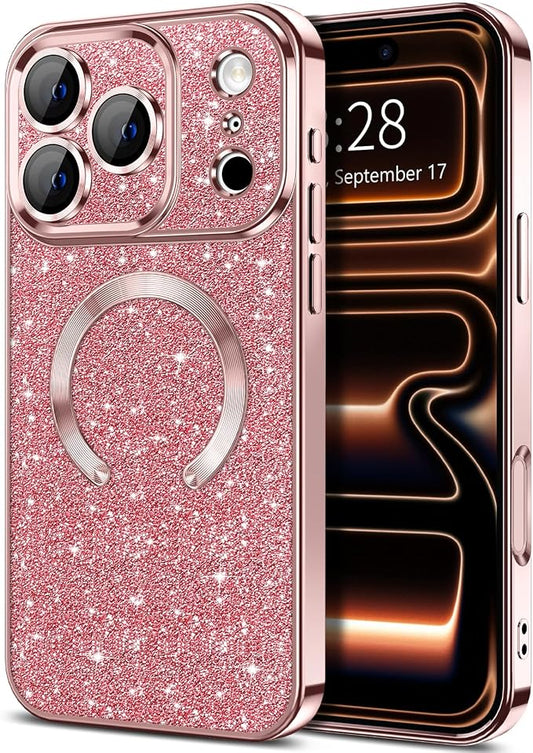 Hython for iPhone 17 Pro Case Glitter Clear Magnetic Phone Cases [Compatible with MagSafe] Full Camera Lens Protector Sparkle Luxury Plating Slim Shockproof Protective Cover Women, Pink