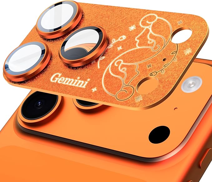 Compatible for iPhone 17 Pro Camera Lens Protector, Gemini Pattern, Drop Protection, Anti Scratch Full-Coverage, AR 360-Degree Protection, Camera Transmfttance HD, Easy Installation, Orange