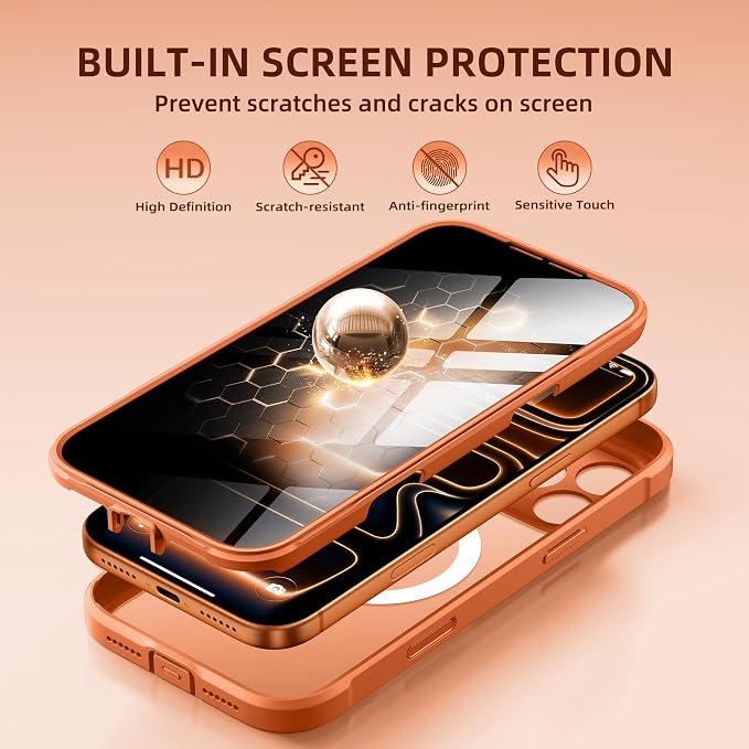 BERFY for iPhone 17 Pro Case, Compatible with MagSafe, Built-in Privacy Screen Protector, Camera Protection, Shockproof Full Body Phone Case 6.3", Translucent Cosmic Orange