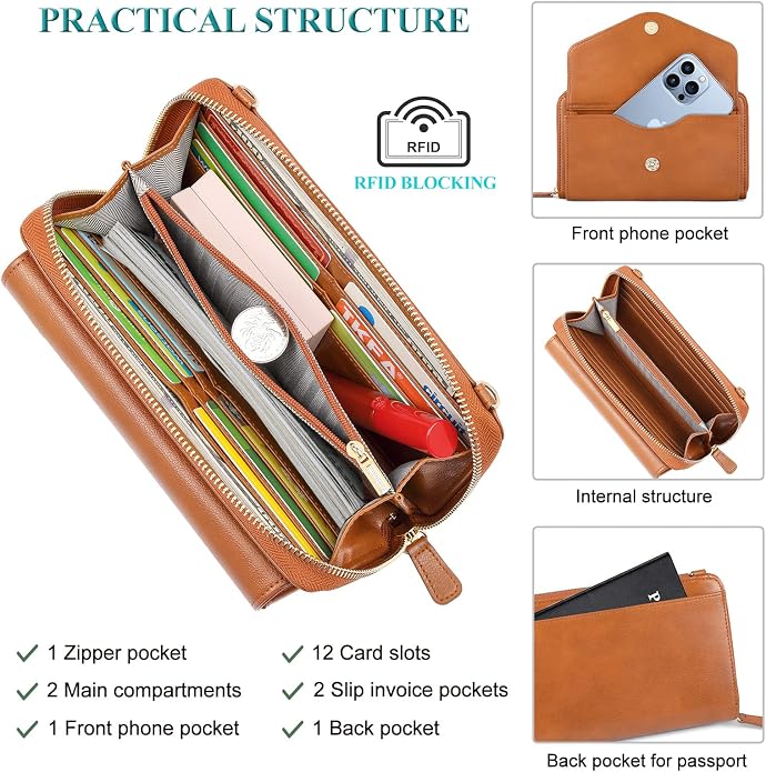 Peacocktion Crossbody Bags for Women RFID Wristlet Wallets Travel Vegan Leather Small Clutch Purses with Phone Pocket Zipper