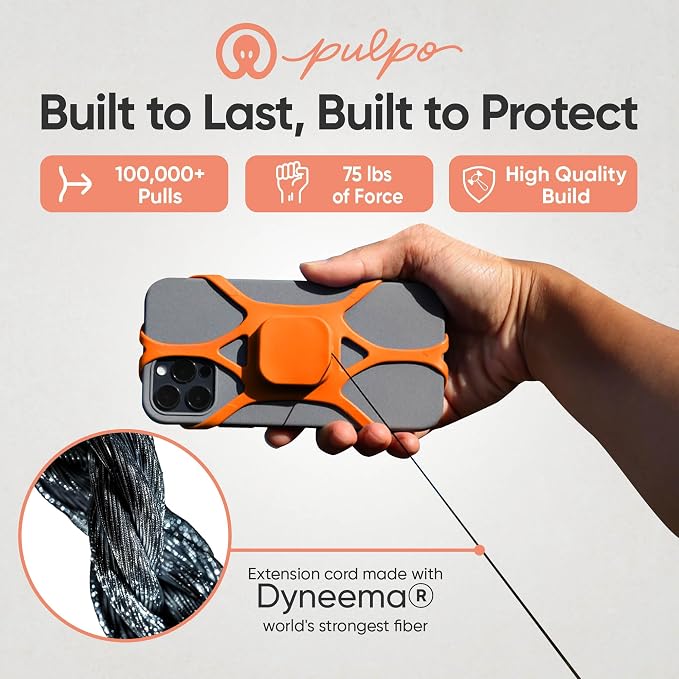 Pulpo Anti Theft Phone Leash with Retractable Dyneema Tether, Secure Phone Leash and Strap for Skiing, Kayak, Travel and Festivals, Fits Smartphones up to 6.8 Inches, Annoying Orange