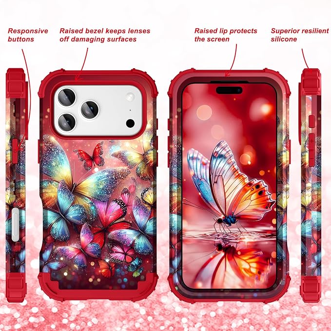 Hocase for iPhone 17 Pro Max Case, Heavy Duty Shockproof Protection Soft Silicone Rubber+Hard Plastic Bumpers Hybrid Protective Case for iPhone 17 Pro Max 2025 - Shimmering Butterflies in Red