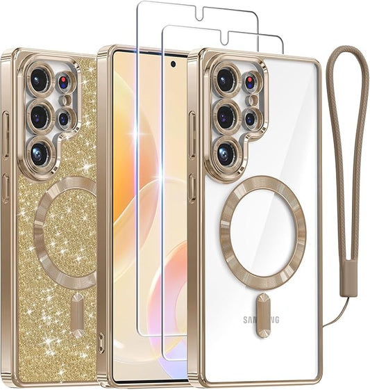 Meifigno Case for Samsung Galaxy S25 Ultra 6.9 inch, [Compatible with MagSafe] [2X HD Screen Protectors] [Glitter Card & Wrist Strap] Full Lens Protection Case for Galaxy S25 Ultra, Desert Titanium