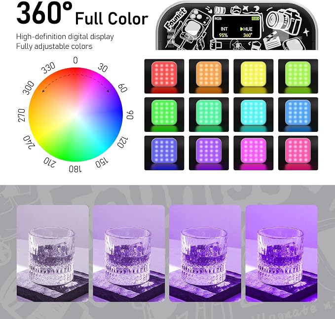 RGB Video Light with Tripod & Phone Clip, Portable LED Camera Light 2500K–9000K, 22 Scene Modes, Rechargeable On-Camera Lighting for Phone Vlogging, Streaming, TikTok, YouTube