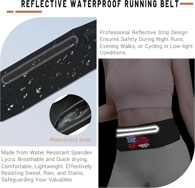 American Flag Slim Running Belt Waist Pack Bag,Black Jogging Fanny Packs for women Moisture Wicking Sports Belt Bag Adjustable,Lightweight Reflective Workout Pouch Phone Holder for Men USA Flag 1776