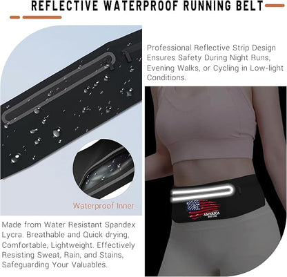 American Flag Slim Running Belt Waist Pack Bag,Black Jogging Fanny Packs for women Moisture Wicking Sports Belt Bag Adjustable,Lightweight Reflective Workout Pouch Phone Holder for Men USA Flag 1776