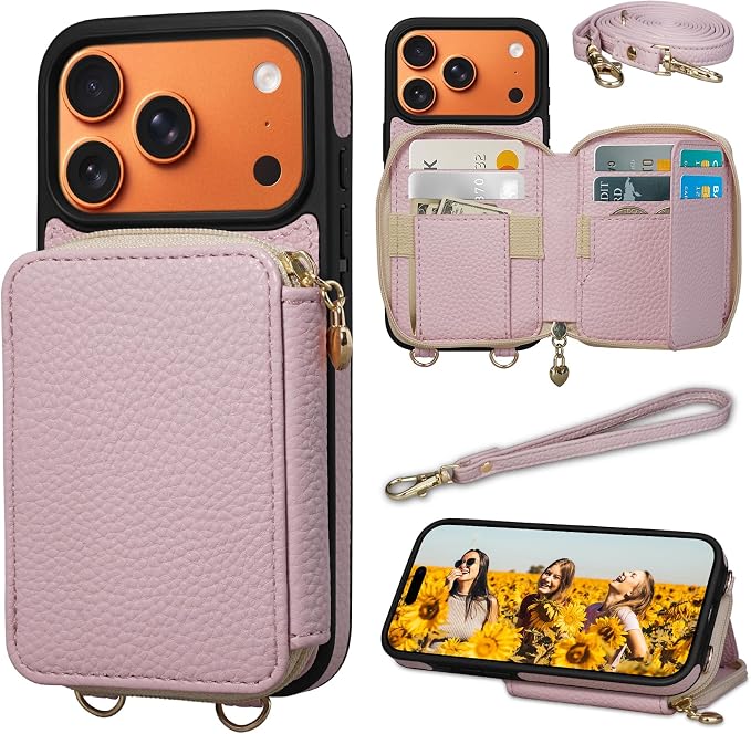 Keallce Case for iPhone 17 Pro 6.3'' Case Wallet, Crossbody Zipper Purse with RFID Blocking Card Slots Kickstand, Lanyard & Handstrap Flip Folio Leather Phone Cover for iPhone 17 Pro, Pink