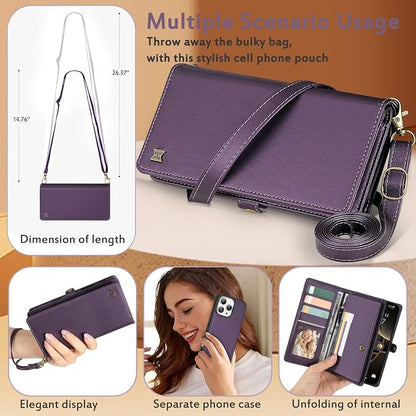 for Wallet Case Compatible with iPhone 16 Pro,Multi-Function Detachable 2 in 1 Magnetic iPhone 16 Pro Case Wallet,Flip Strap Zipper Card Holder Phone Case with Shoulder Straps (Pruple)