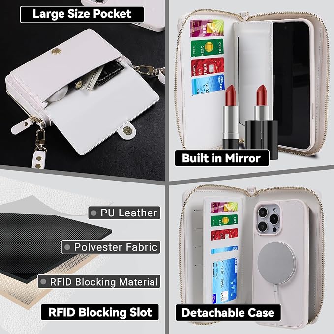 Lacass for iPhone 17 Detachable Crossbody Wallet Case, Compatible with MagSafe Magnetic 2 in 1 RFID Blocking PU Leather Wallet Cover Card Holder Zipper Make Up Mirror (White)