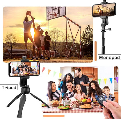 Universal Phone Tripod Mount Adapter with Ｗireless Camera Remote and LED Light, Cell Phone Holder with Adjustable Clamp for Selfie Stick Monopod for iPhone, Samsung Wrist Strap Included