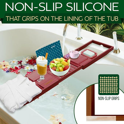 SereneLife Premium Bathtub Tray Caddy with Gift Box and Bow Set, Expandable Bath Tray, Unique House Warming Gifts for Mom, Women, Wedding, Anniversary, Bridal Shower, Fit for All Tub - Stain Brown