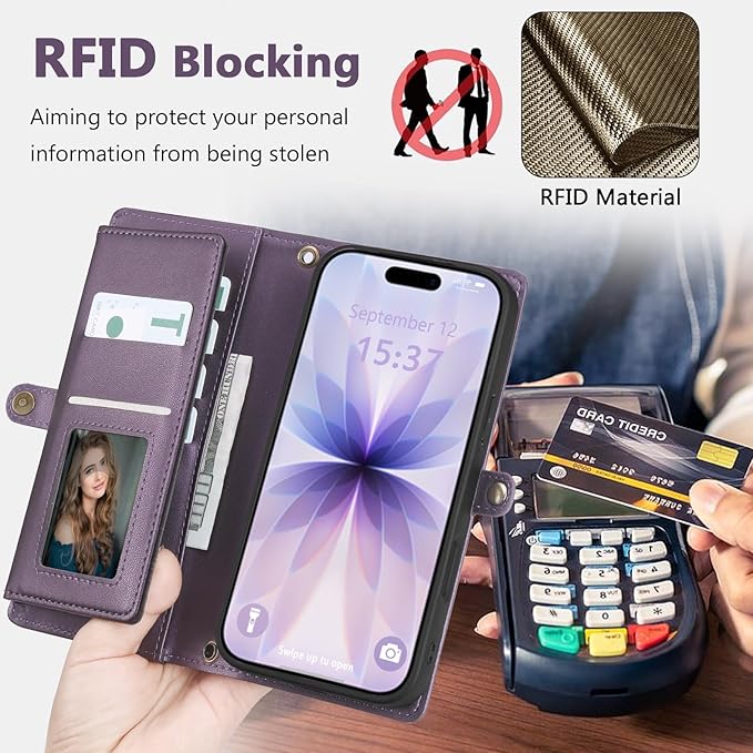 Wallet Case for iPhone 17 with Card Holder/Crossbody Wallet/Strap,[RFID Blocking][Magnetic] PU Leather Phone Case for iPhone 17,6.3 in,Purple